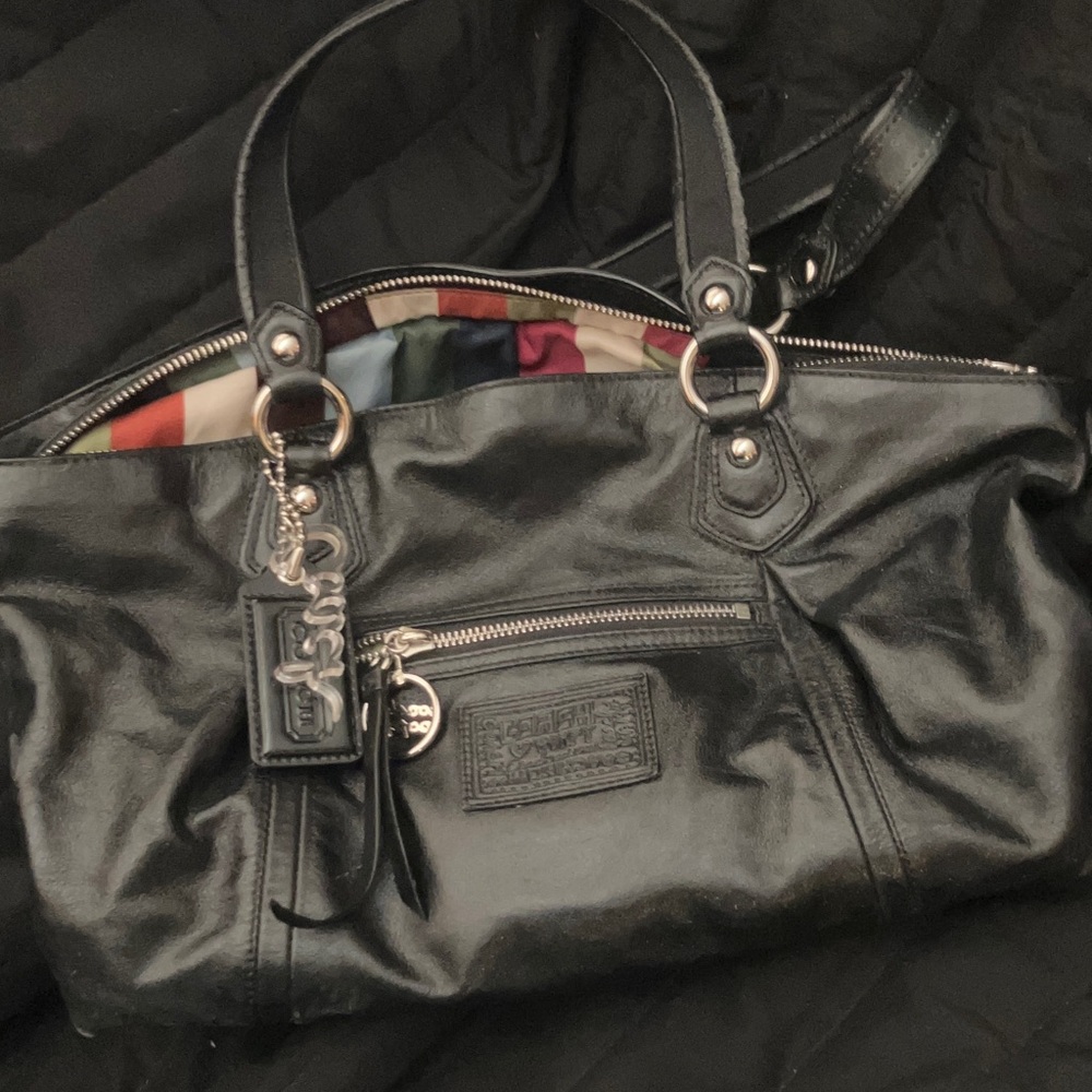 Coach Black Leather Shoulder Bag with Silver Accents
